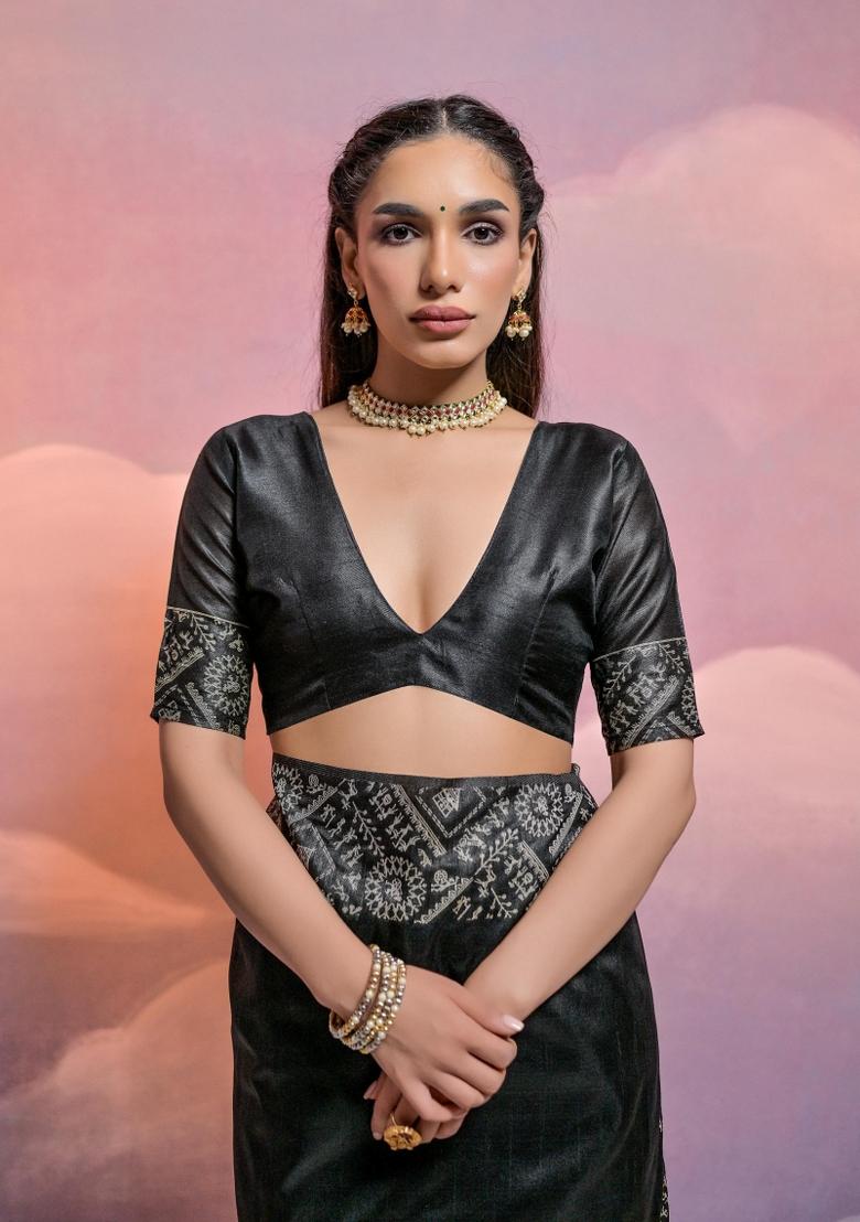 Black Weaving Work Silk Saree Set - Indya