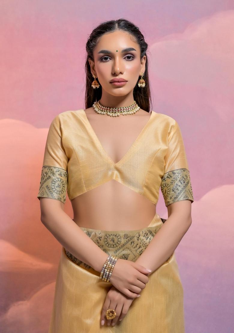 Cream Weaving Work Silk Saree Set - Indya