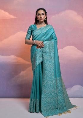 Blue Weaving Work Silk Saree Set