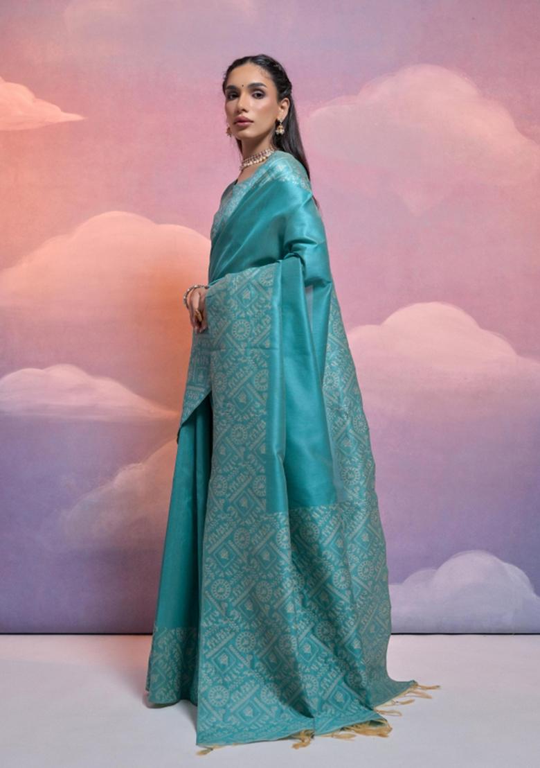 Blue Weaving Work Silk Saree Set - Indya