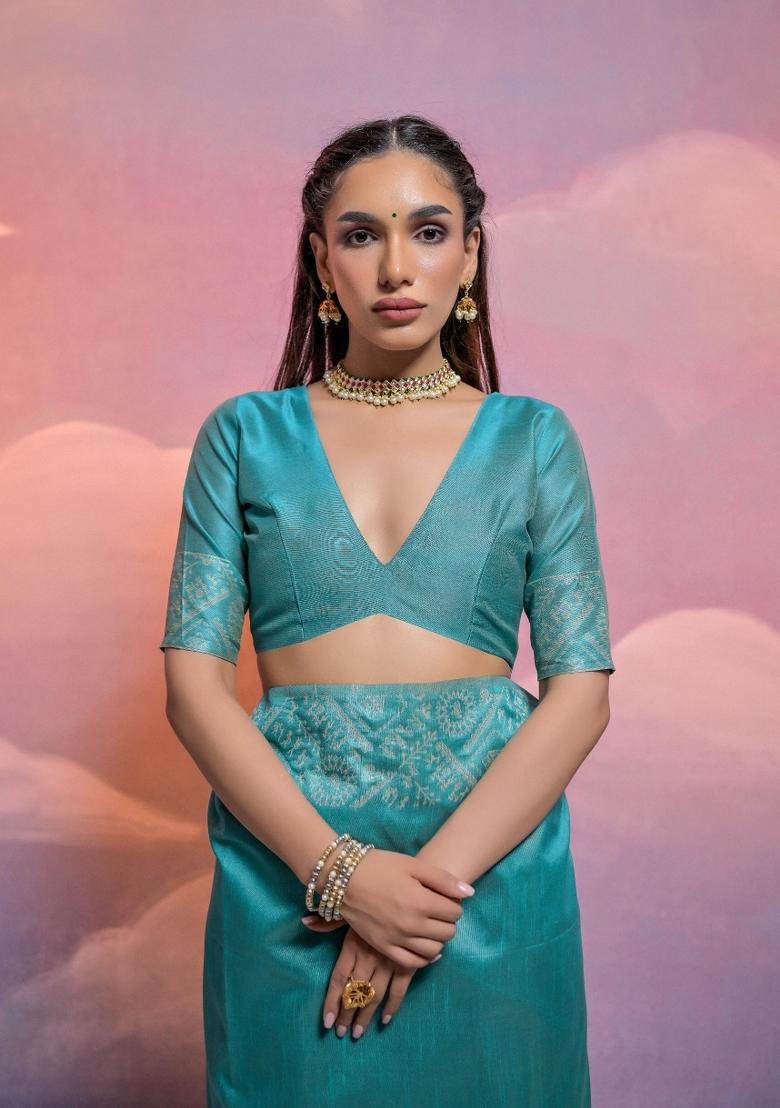 Blue Weaving Work Silk Saree Set - Indya