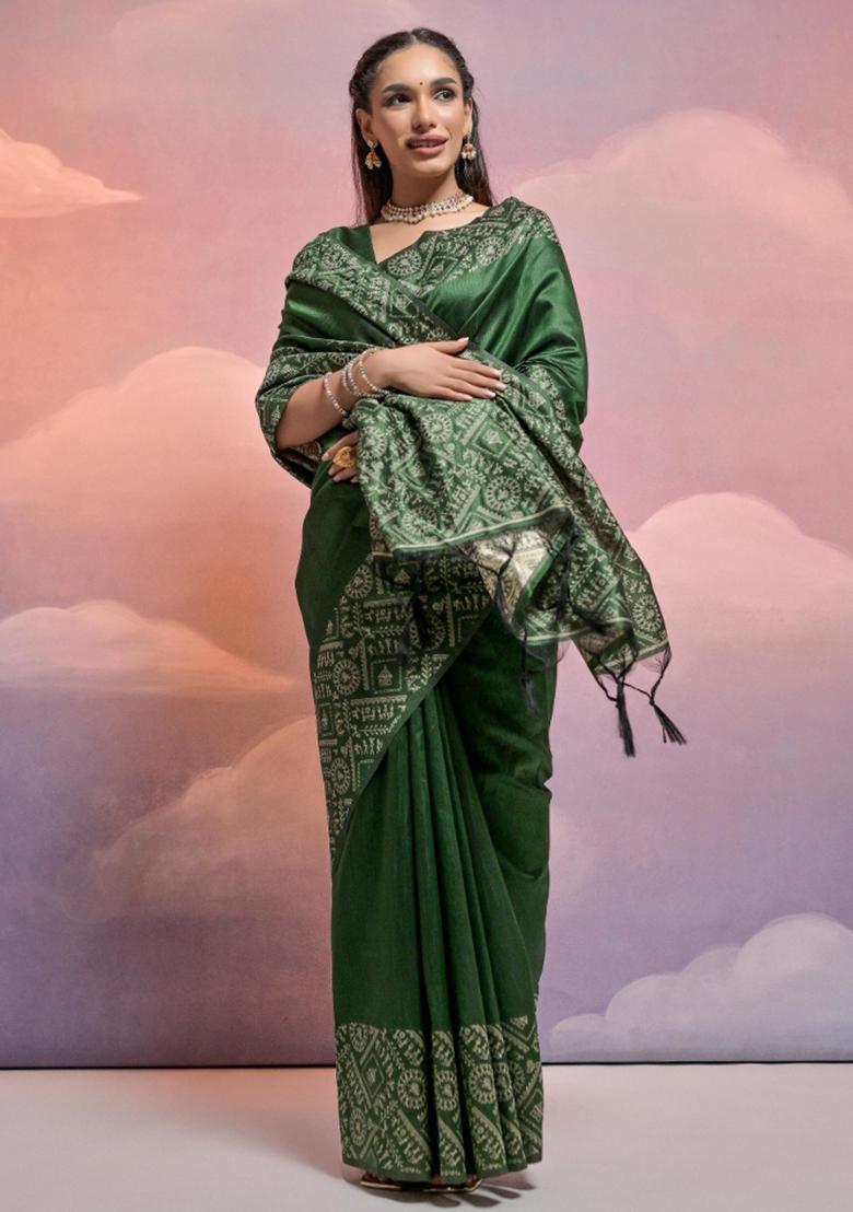 Green Weaving Work Silk Saree Set - Indya