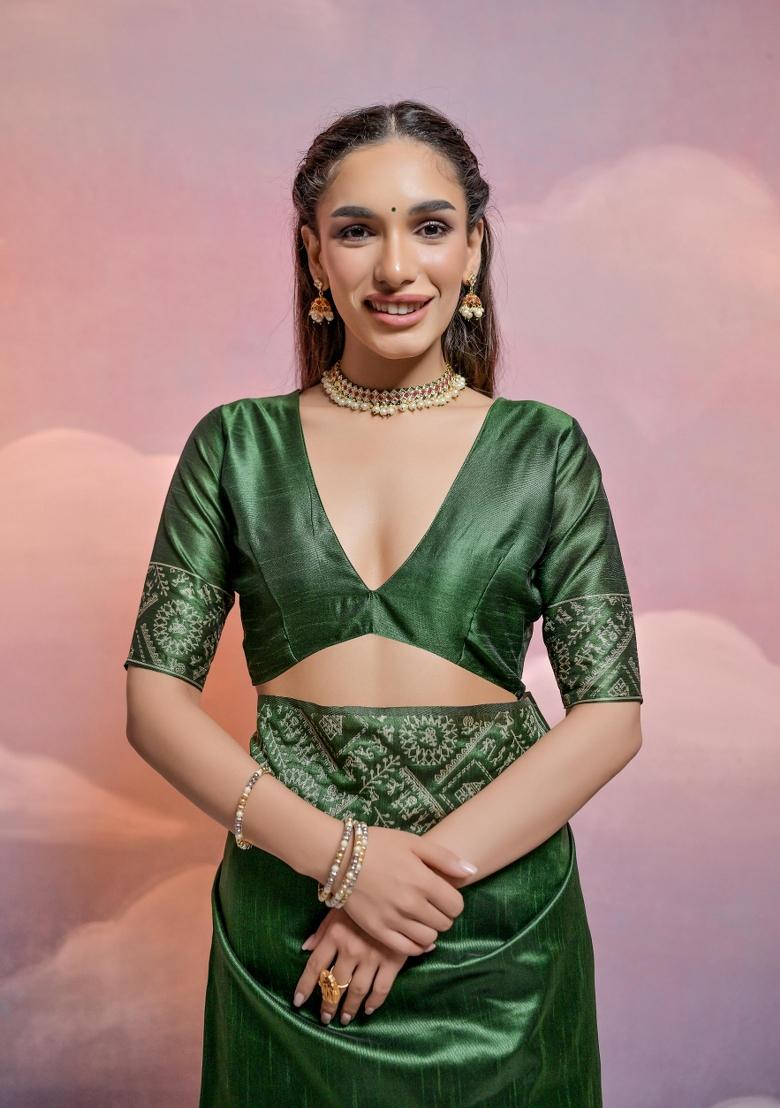 Green Weaving Work Silk Saree Set - Indya