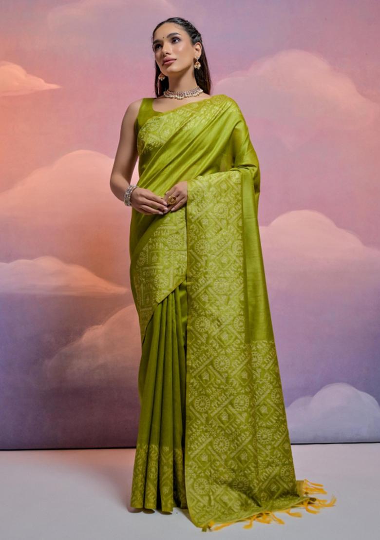 Mehendi Green Weaving Work Silk Saree Set - Indya