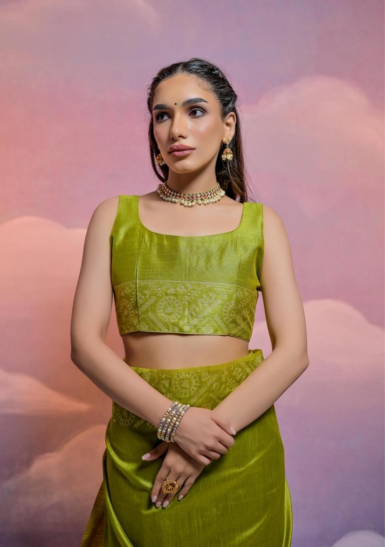 Mehendi Green Weaving Work Silk Saree Set - Indya