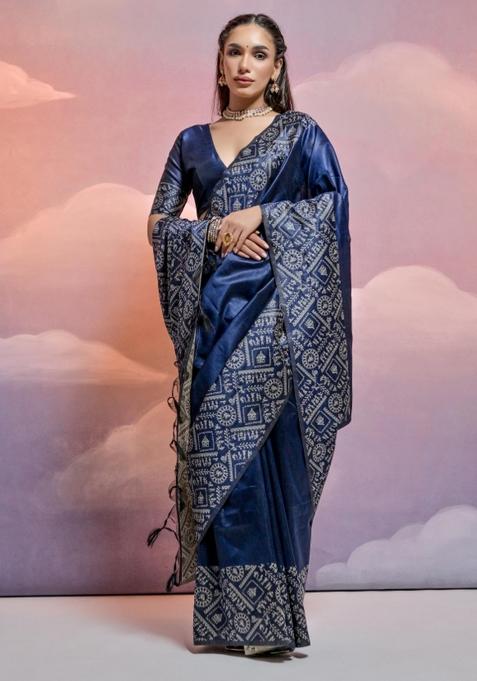 Navy Blue Weaving Work Silk Saree Set