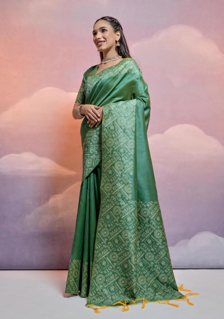 Pista Weaving Work Silk Saree Set - Indya