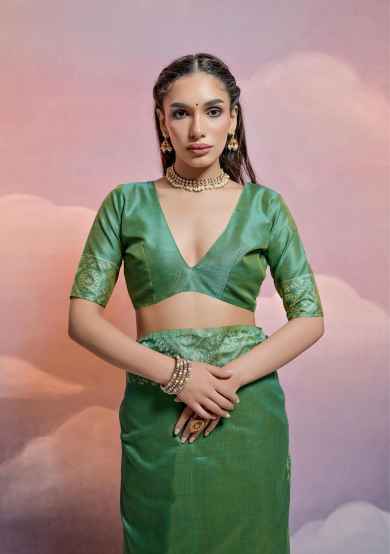 Pista Weaving Work Silk Saree Set - Indya