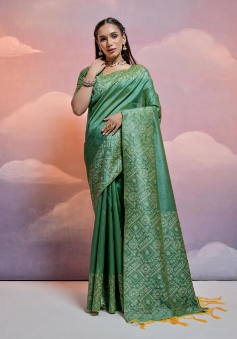 Pista Weaving Work Silk Saree Set