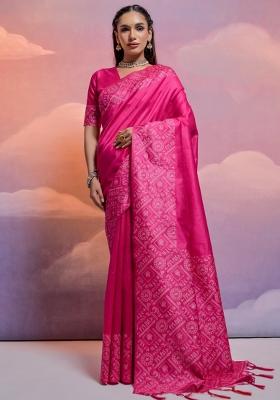 Rani Pink Weaving Work Silk Saree Set