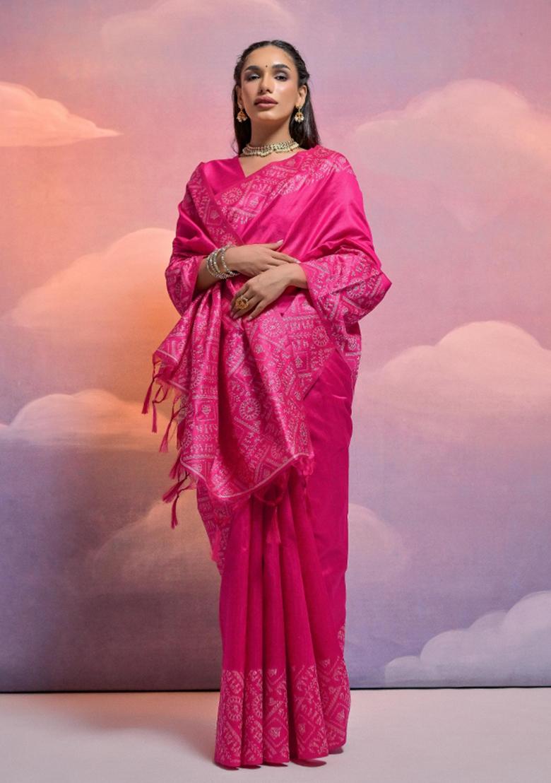 Rani Pink Weaving Work Silk Saree Set - Indya