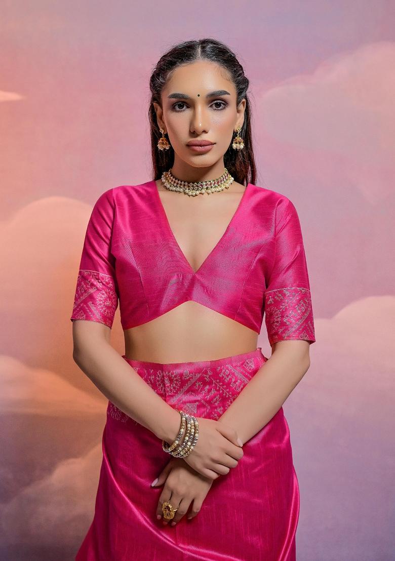 Rani Pink Weaving Work Silk Saree Set - Indya