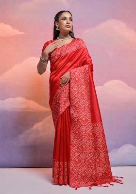 Red Weaving Work Silk Saree Set