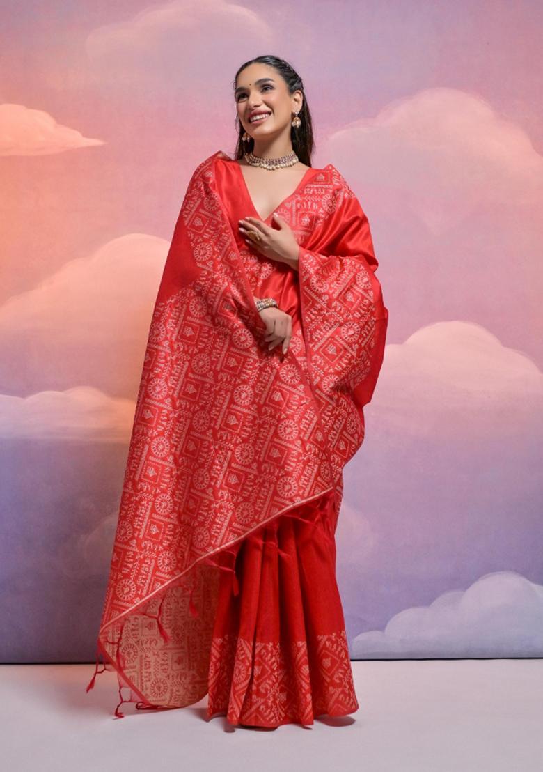 Red Weaving Work Silk Saree Set - Indya