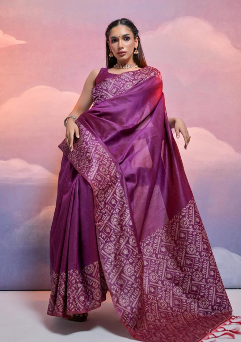 Wine Weaving Work Silk Saree Set - Indya