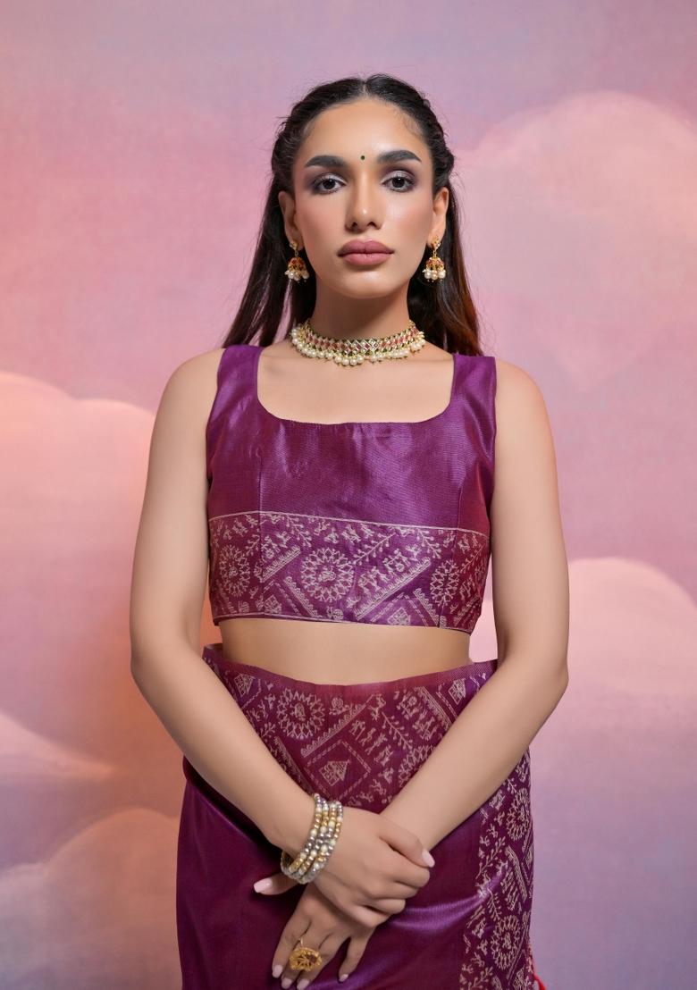 Wine Weaving Work Silk Saree Set - Indya