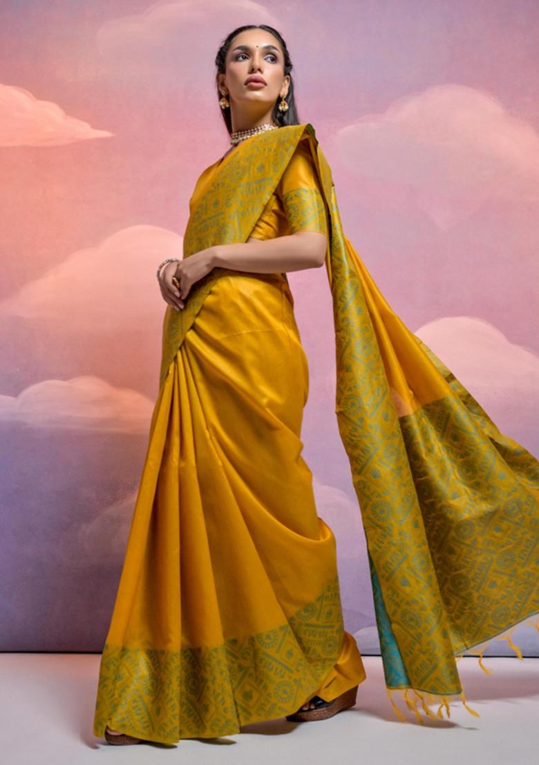Yellow Weaving Work Silk Saree Set - Indya