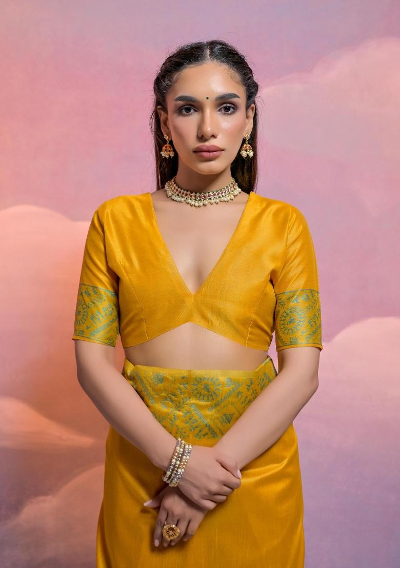 Yellow Weaving Work Silk Saree Set - Indya