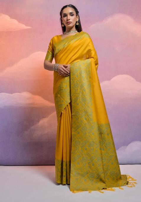 Yellow Weaving Work Silk Saree Set