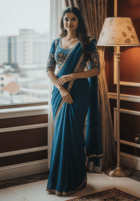 Teal Embroidered Silk Saree Set
