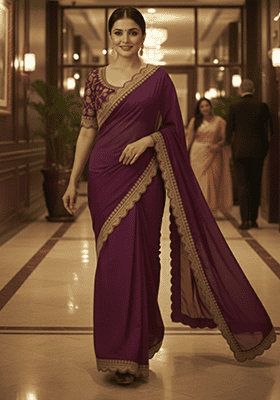 Wine Embroidered Silk Saree Set