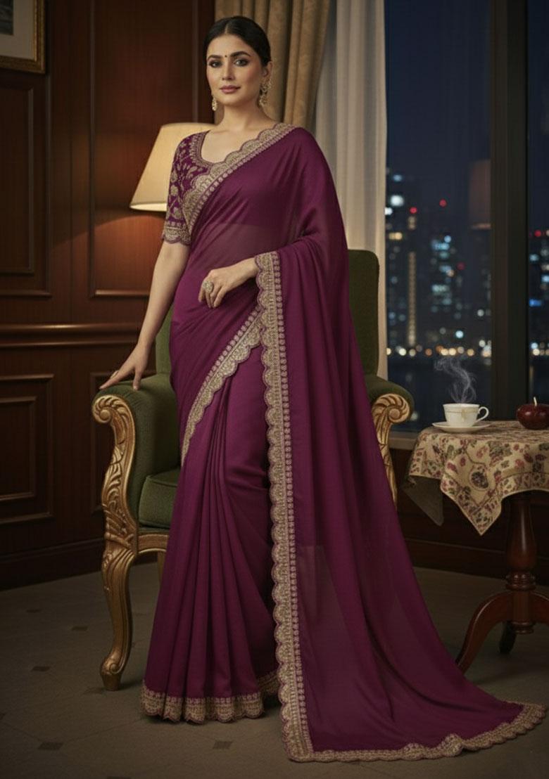 Wine Embroidered Silk Saree Set - Indya
