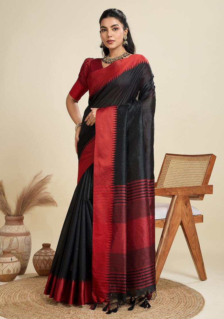 Black And Maroon Motif Silk Saree Set - Indya