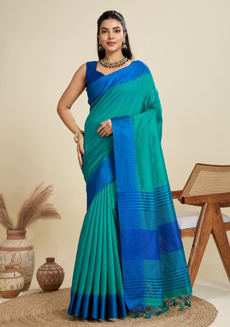 Blue Royal Motif Silk Saree Set - Indya