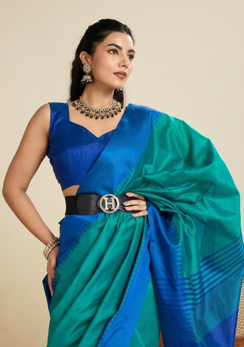 Blue Royal Motif Silk Saree Set - Indya