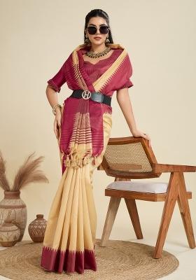 Cream And Pink Motif Silk Saree Set