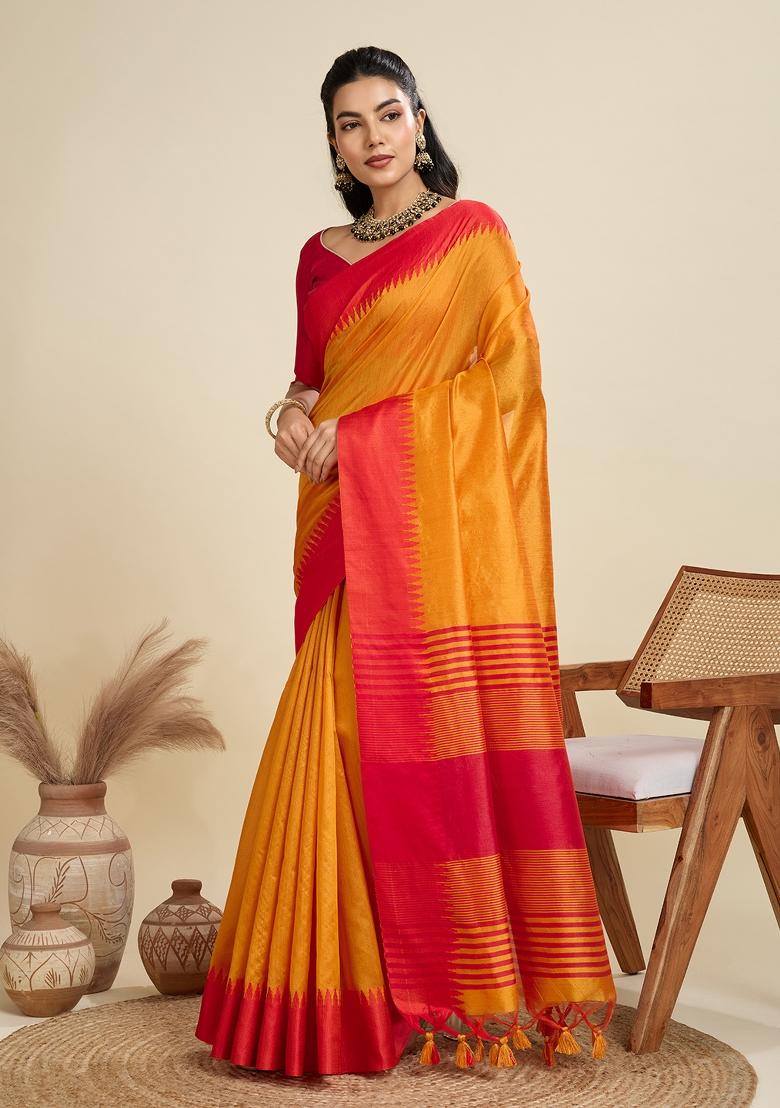 Mustard Red Motif Silk Saree Set - Indya