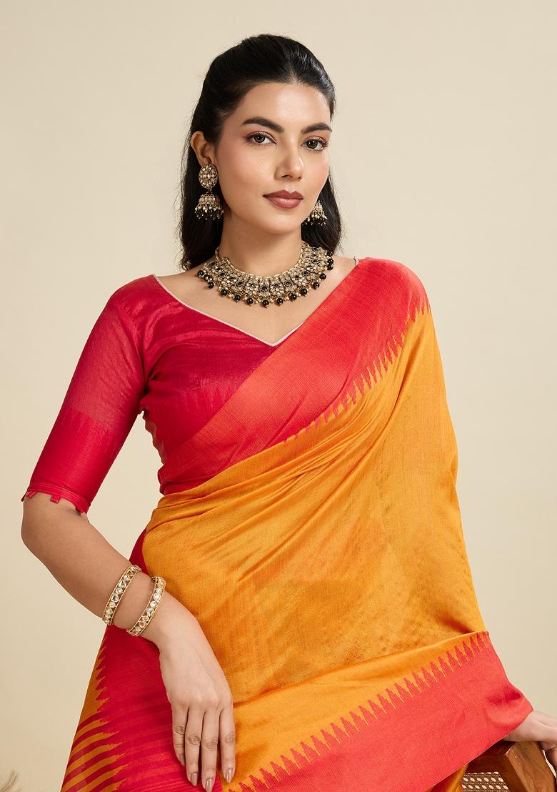 Mustard Red Motif Silk Saree Set - Indya