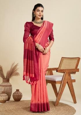 Peach Pink Motif Silk Saree Set