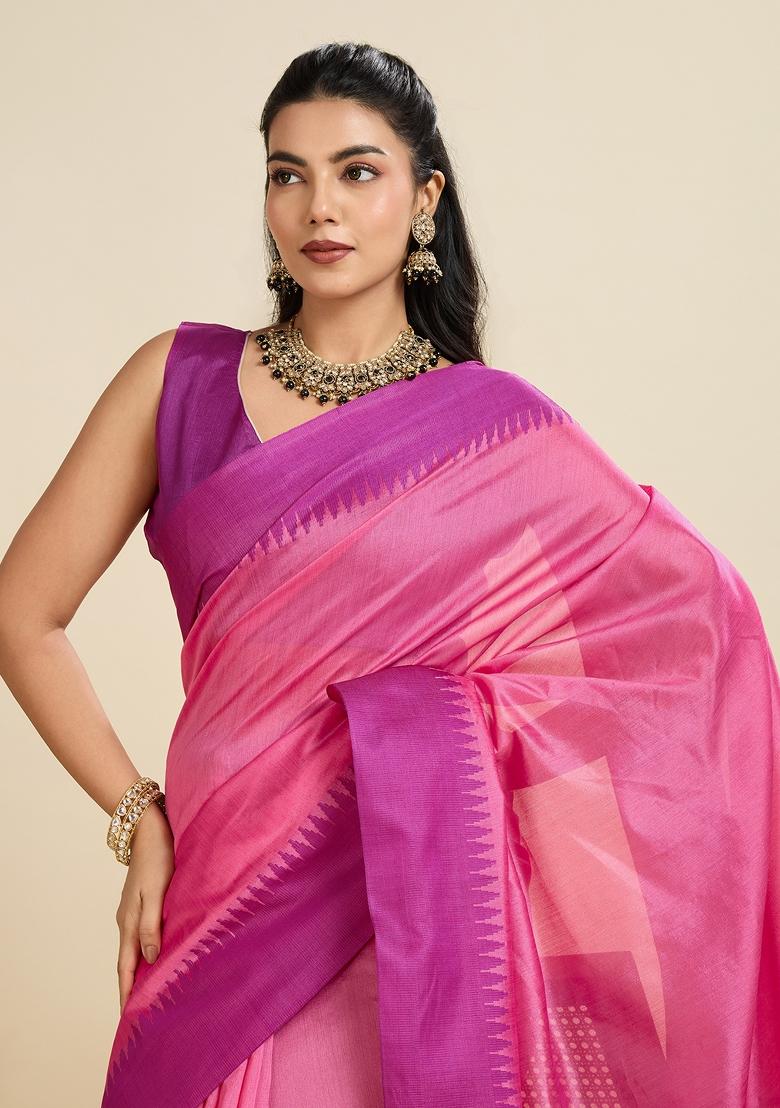 Pink Purple Motif Silk Saree Set - Indya