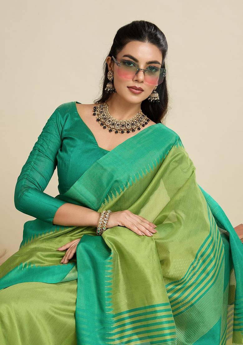 Pista Rama Green Motif Silk Saree Set - Indya