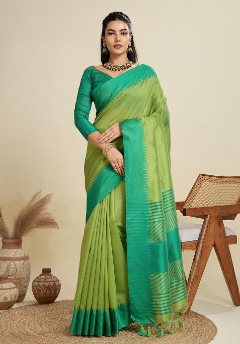 Pista Rama Green Motif Silk Saree Set