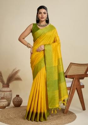 Yellow And Olive Green Motif Silk Saree Set