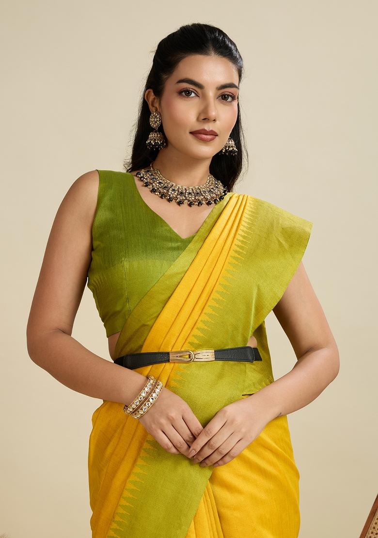 Yellow And Olive Green Motif Silk Saree Set - Indya
