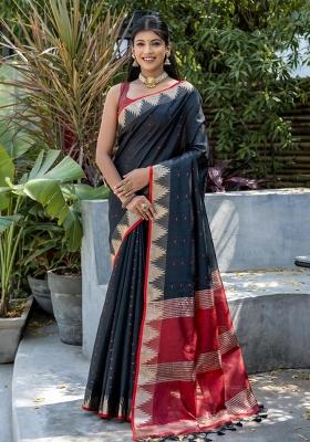 Black And Maroon Zari Work Silk Saree Set