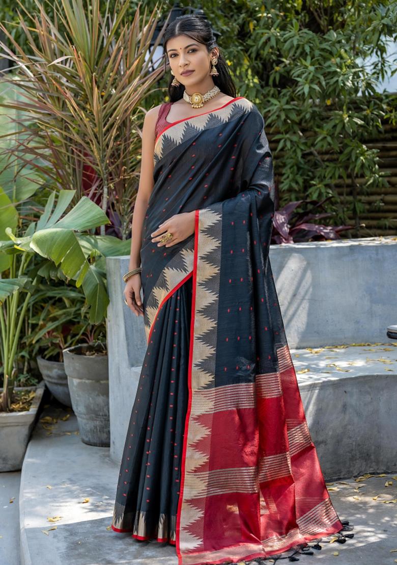 Black And Maroon Zari Work Silk Saree Set - Indya