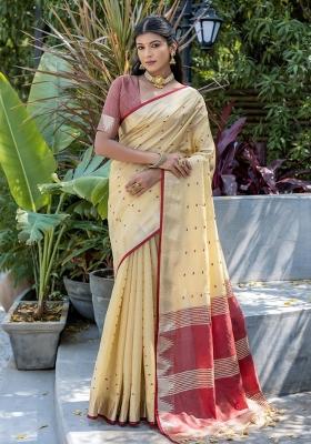 Cream And Maroon Zari Work Silk Saree Set