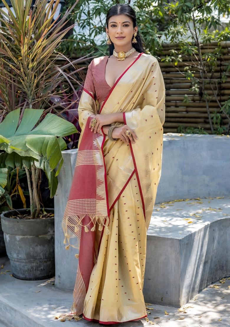 Cream And Maroon Zari Work Silk Saree Set - Indya