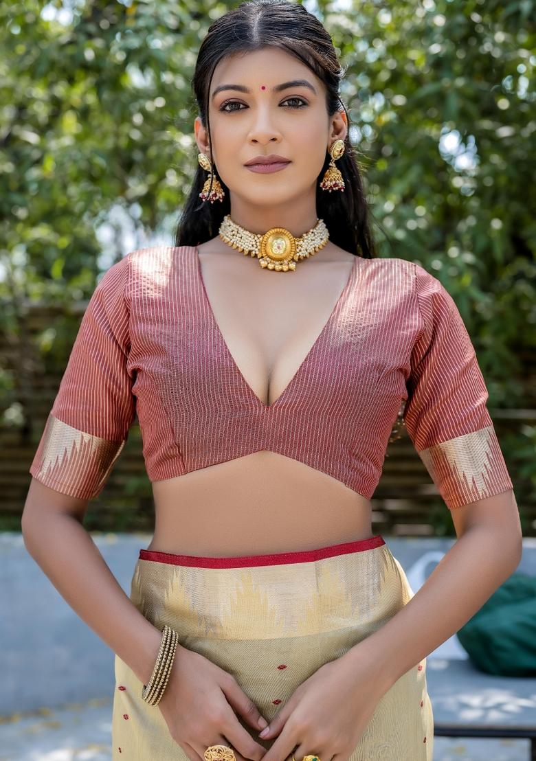 Cream And Maroon Zari Work Silk Saree Set - Indya