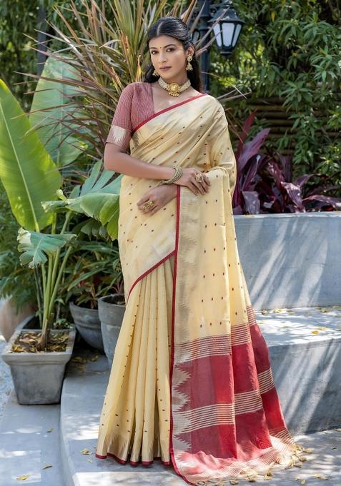 Cream And Maroon Zari Work Silk Saree Set