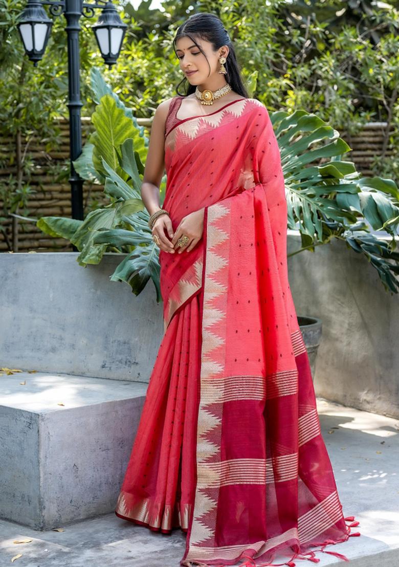 Gajari Maroon Zari Work Silk Saree Set - Indya