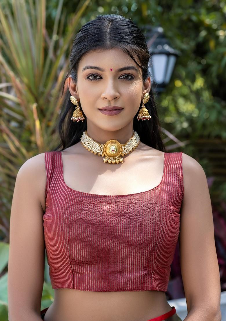 Gajari Maroon Zari Work Silk Saree Set - Indya