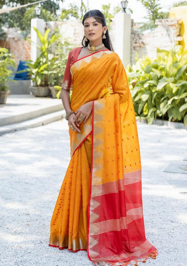 Mustard Red Zari Work Silk Saree Set - Indya