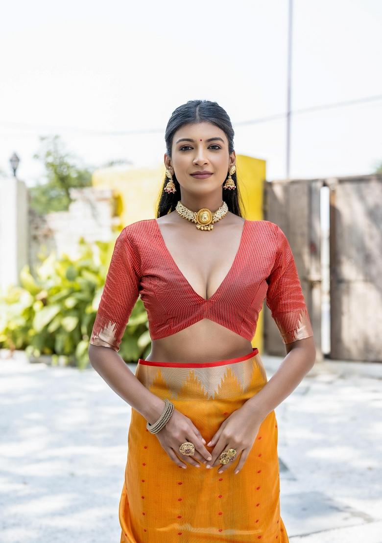 Mustard Red Zari Work Silk Saree Set - Indya