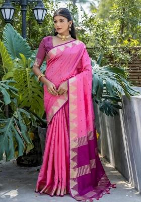 Pink Purple Zari Work Silk Saree Set