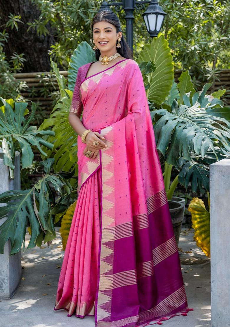 Pink Purple Zari Work Silk Saree Set - Indya
